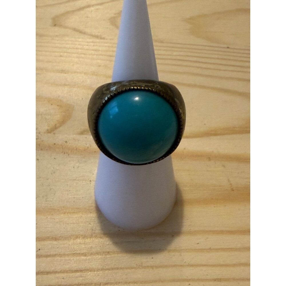Large Vintage Turquoise Brass Ring With Dome Stone